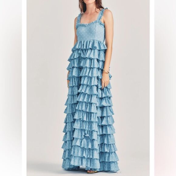 Loveshackfancy Idra Cotton Polka Dot Maxi Dress Blue Bonnet Size 8 MSRP $625 - Picture 1 of 11